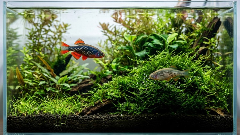 un danio celestial macho bailando a media agua junto a las plantas mientras una hembra dispersa huevos entre el musgo denso de un nano acuario