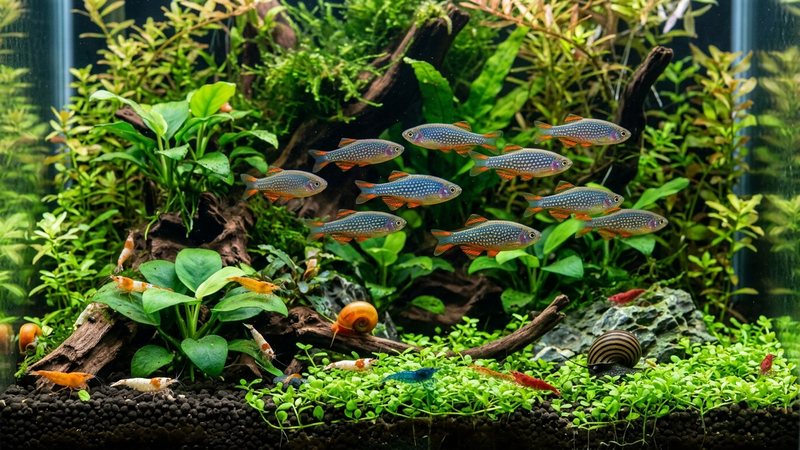 danios celestiales de puntos dorados conviviendo pacíficamente con gambas y caracoles entre plantas verdes de un gambario nano plantado