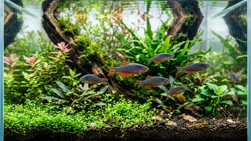 varios danios celestiales activos y vigorosos de color brillante, azul oscuro con puntos dorados y aletas naranja-rojo, nadando en un nano acuario sano y muy plantado