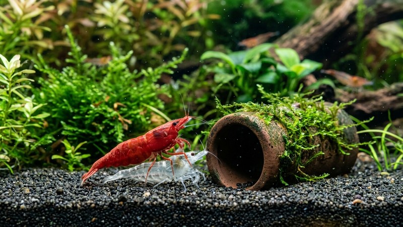 una gamba cherry sana mudando su caparazón junto a un cilindro refugio en un acuario de agua clara con musgo