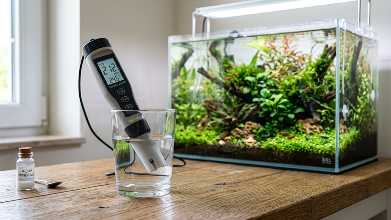 un medidor de TDS y sales minerales para gambas junto a un vaso de agua limpia y un nano acuario plantado al fondo