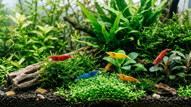 gambas neocaridina de colores sanas pastando sobre plantas verdes en un acuario limpio y saludable de agua cristalina