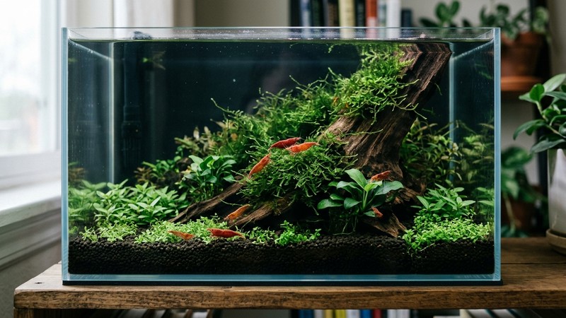 un nano acuario maduro con musgo, madera y agua muy transparente donde varias gambas cherry recorren las superficies