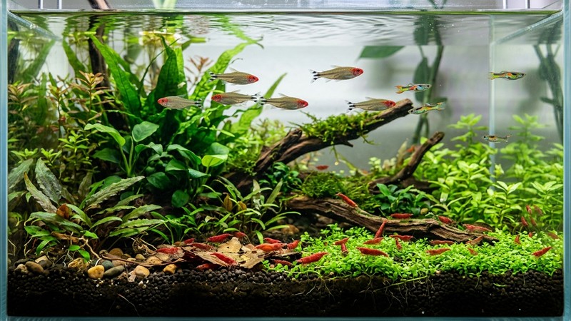 un acuario comunitario plantado con pequeños peces pacíficos nadando arriba y gambas neocaridina rojas trabajando el fondo entre plantas