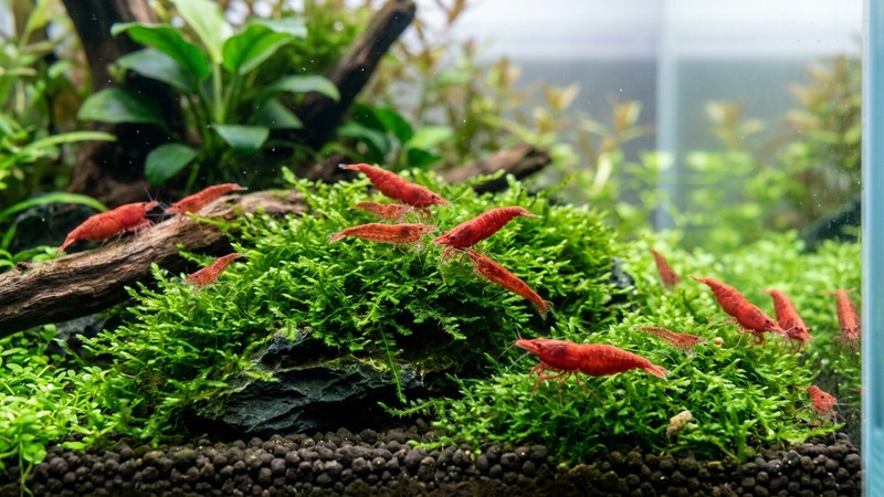 varias gambas neocaridina de un mismo color rojo intenso sobre un fondo de musgo verde en un nano acuario limpio y sano