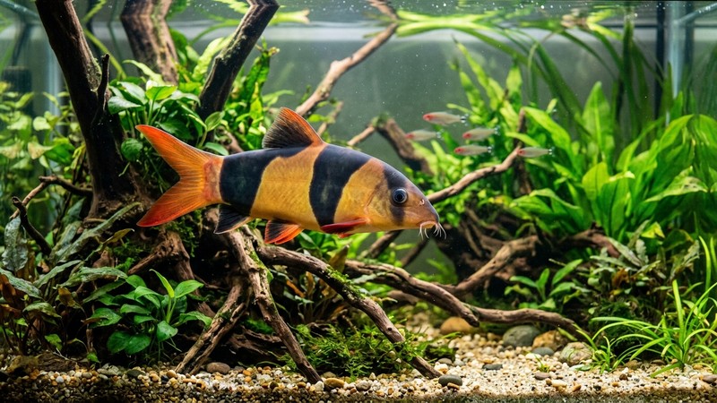 un botia payaso adulto grande nadando en un acuario amplio y bien plantado con raíces