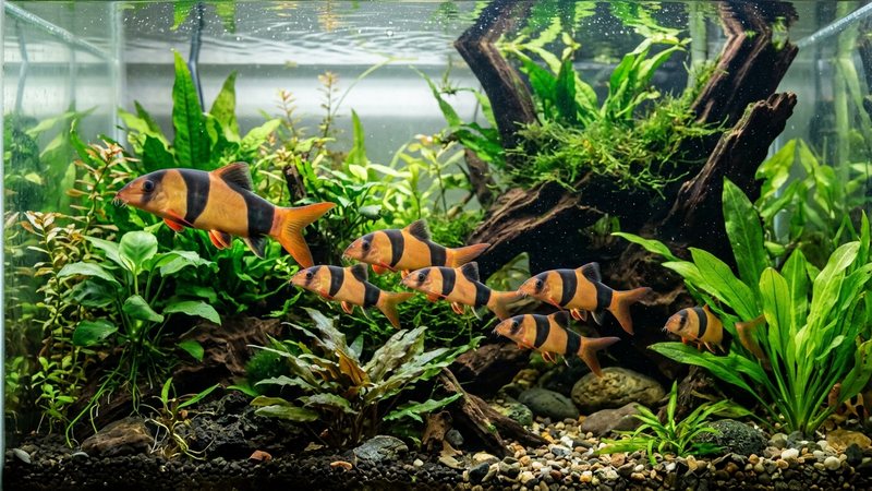 varios botias payaso jóvenes de distintos tamaños nadando en un acuario plantado