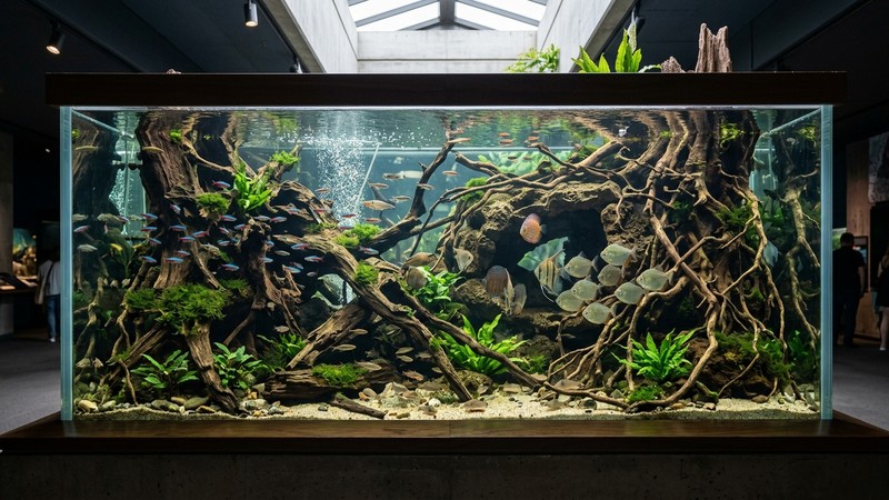 un acuario grande decorado con muchas cuevas, troncos y raíces sumergidas y agua cristalina
