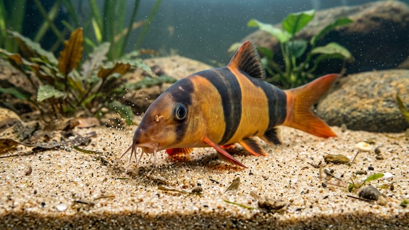 un botia payaso rebuscando comida sobre un sustrato de arena fina con sus barbillones
