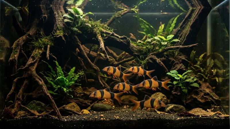 un acuario en penumbra con zonas de sombra, raíces y espacios abiertos donde nadan botias payaso