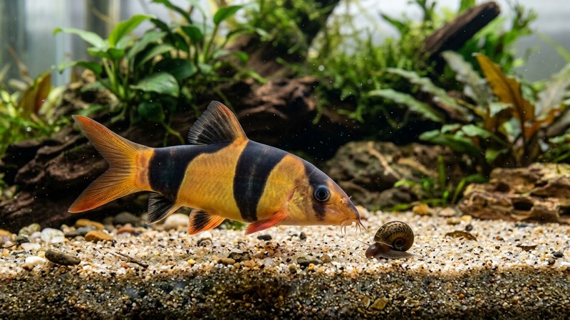 un botia payaso acercándose a un pequeño caracol en el fondo de un acuario limpio