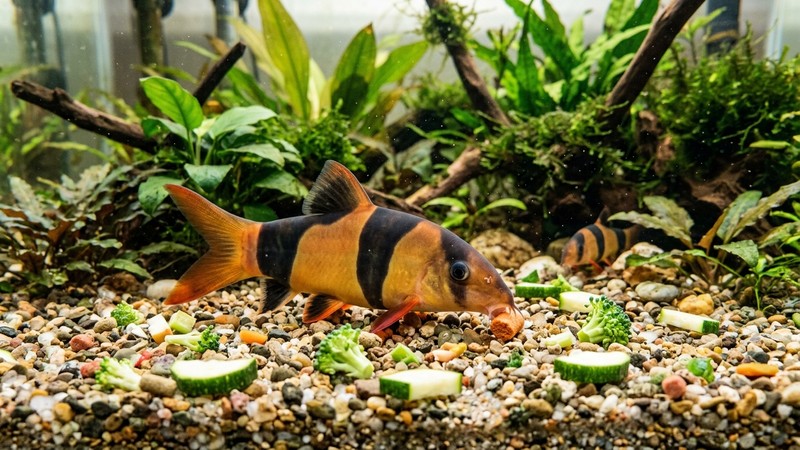 un botia payaso comiendo una pastilla de fondo junto a trozos de vegetales en el sustrato de un acuario