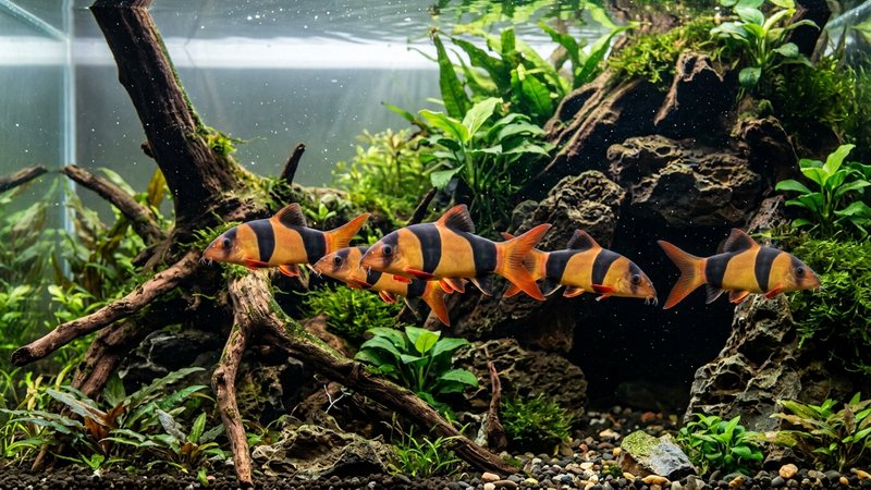 un cardumen de cinco o seis botias payaso nadando juntos y confiados entre raíces y cuevas de un acuario cristalino