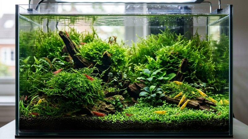 un acuario nano plantado y frondoso, repleto de musgo verde, con gambas de colores rojas y amarillas pastando entre las hebras y agua totalmente cristalina