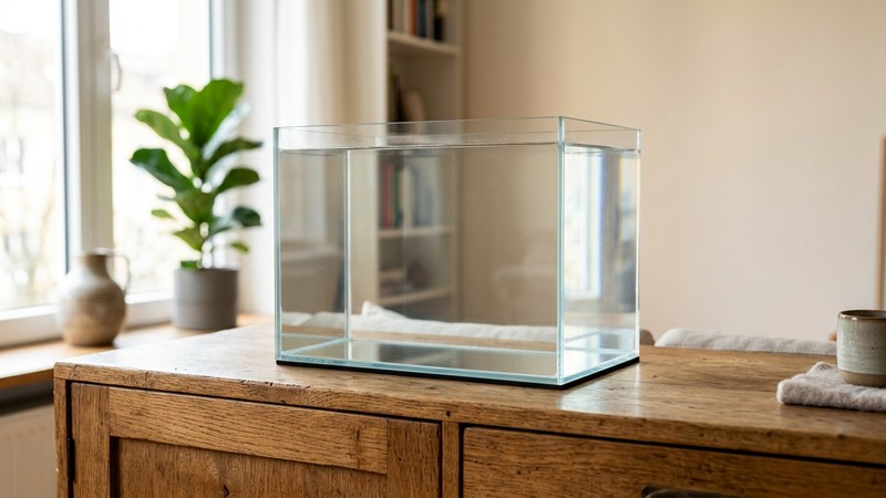 un pequeño acuario nano rectangular vacío y limpio sobre un mueble de madera, con agua cristalina lista para plantar