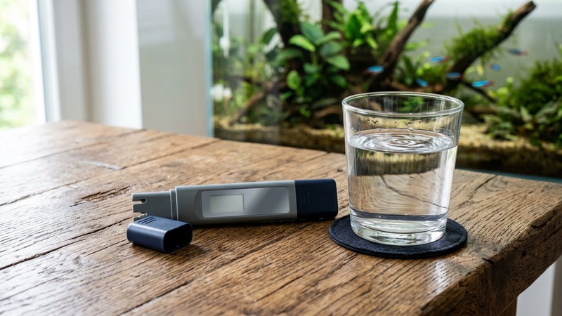 un medidor de TDS de acuario en reposo sobre una mesa de madera junto a un vaso de agua transparente