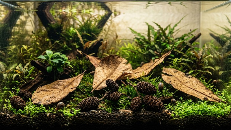 hojas secas de almendro indio y piñas de aliso reposando sobre el sustrato de un acuario plantado con agua ligeramente ambarina y cristalina