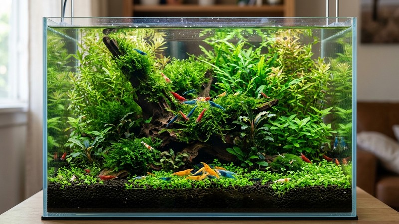 un gambario nano plantado y maduro, lleno de musgo y plantas verdes frondosas, con una colonia de gambas de colores repartida por todo el tanque y agua cristalina