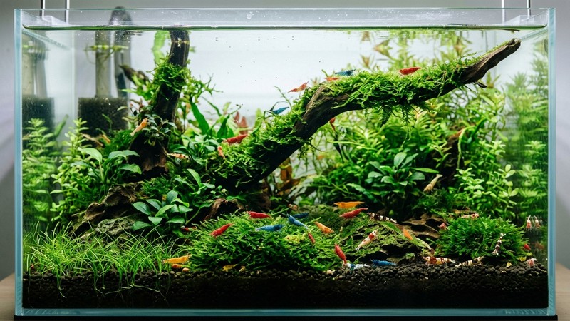 un acuario de gambas plantado, sano y muy cristalino visto de frente, con musgo abundante y gambas de colores pastando tranquilas en el fondo