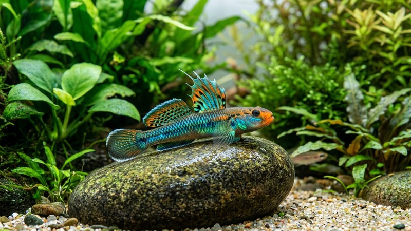 un gobio arcoíris macho (Stiphodon) posado sobre una roca lisa en primer plano, con colores metálicos vivos azul eléctrico, verde y naranja y su aleta dorsal desplegada como la cresta de un pequeño dragón, dentro de un acuario plantado de agua cristalina