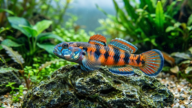 un gobio arcoíris macho radiante y saturado de color, con brillos metálicos en la quijada y tonos naranjas y azules en el cuerpo, posado sobre una roca en un acuario sano de agua cristalina