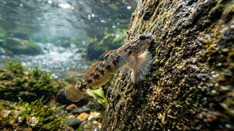 un gobio Stiphodon agarrado con el vientre a una superficie de roca vertical mediante sus aletas pélvicas fusionadas a modo de ventosa, vista lateral, en agua clara y bien oxigenada