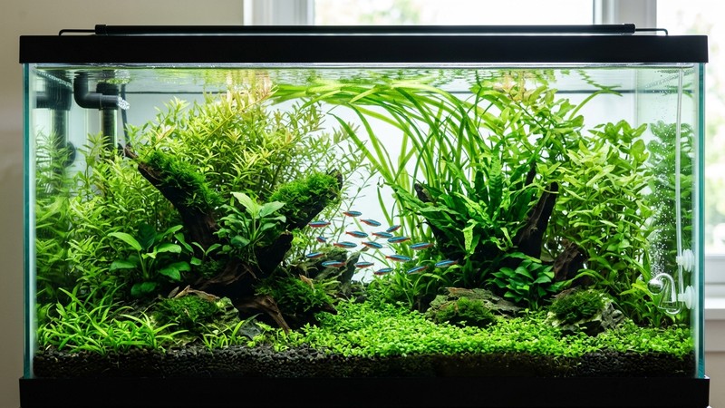 un acuario plantado de agua fresca y perfectamente cristalina, con plantas verdes sanas moviéndose por una corriente suave y buena oxigenación, ambiente limpio
