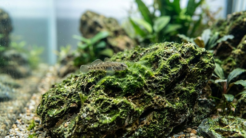 una roca de acuario maduro cubierta por una capa de algas verdes y biofilm sobre la que pasta un pequeño gobio, agua cristalina alrededor