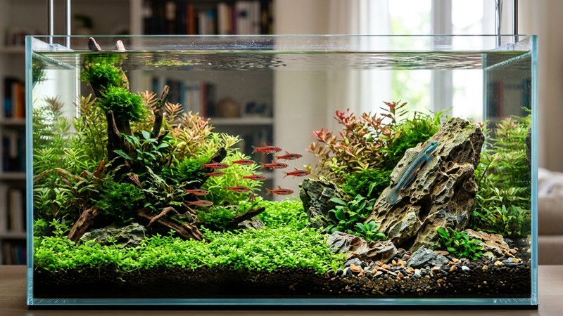 un acuario paisajístico pacífico con un pequeño cardumen de microrrasboras nadando entre plantas y un gobio Stiphodon posado en una roca, todos sanos, agua cristalina