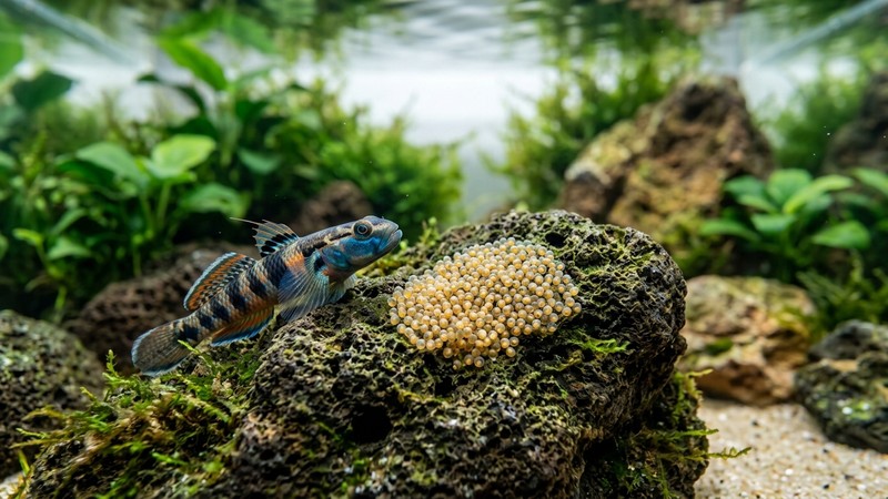 una masa de diminutos huevos adheridos a una roca en un acuario limpio, con un gobio Stiphodon vigilándolos de cerca, agua cristalina