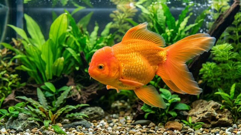 un goldfish naranja adulto grande y robusto, de cuerpo redondeado y aletas amplias, nadando de perfil en un acuario limpio con plantas verdes al fondo y agua transparente, aspecto vigoroso y bien alimentado