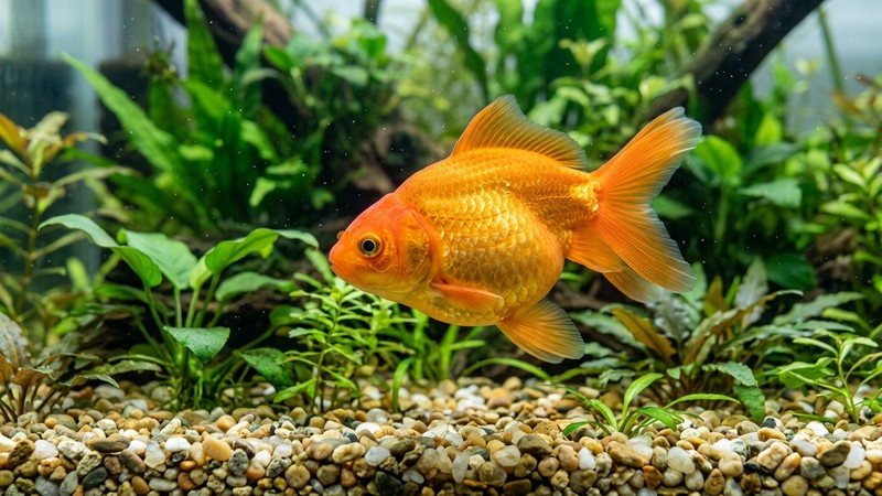 una hembra de goldfish naranja vista ligeramente desde arriba, con el vientre notablemente más redondo y abultado que un macho, nadando sobre grava clara entre plantas acuáticas, agua limpia y transparente