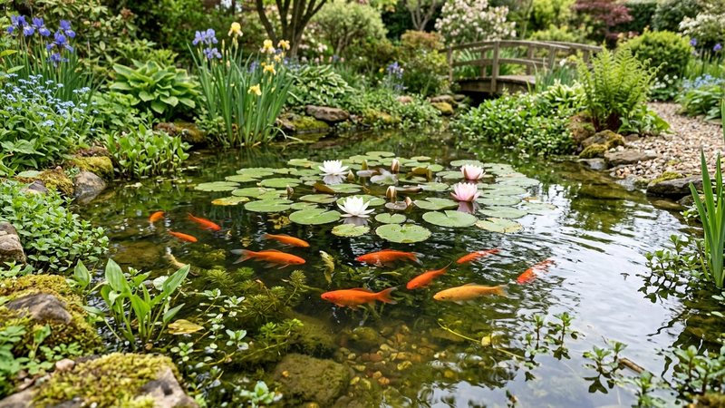 un pequeño estanque de jardín en primavera con varias carpas doradas naranjas nadando cerca de la superficie entre nenúfares y plantas acuáticas, agua clara y reflejos suaves, ambiente natural al aire libre