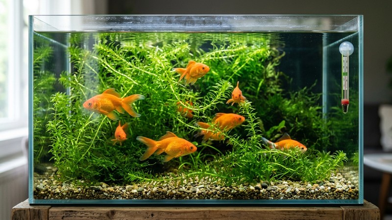 un acuario de agua fría con goldfish naranjas entre plantas verdes de hoja fina como elodea, agua muy cristalina y fresca, un termómetro sumergido a un lado, ambiente tranquilo y limpio