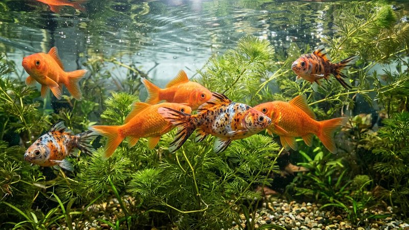 varios goldfish naranjas y calico persiguiéndose activamente durante el cortejo, empujándose entre plantas acuáticas densas de hoja fina, movimiento y agua cristalina, escena natural de desove