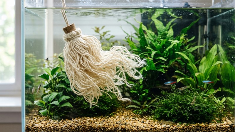 una mopa de desove hecha con hilos suaves de lana clara en reposo dentro de un acuario limpio con agua transparente y algunas plantas verdes al fondo, la maraña de hilos flotando serena