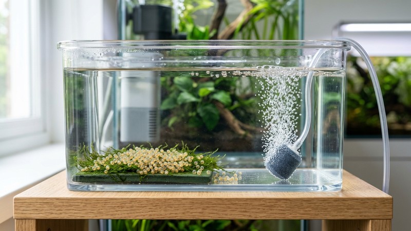 un recipiente translúcido con agua clara conteniendo huevos de goldfish y una piedra difusora soltando burbujas finas y suaves que oxigenan el agua, ambiente limpio y ordenado, primer plano nítido