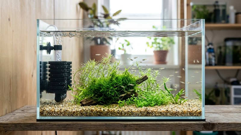un pequeño acuario de cría de unos diez litros con un filtro de esponja, un poco de musgo verde y plantas finas, agua muy limpia y transparente, ambiente sencillo y luminoso preparado para alevines