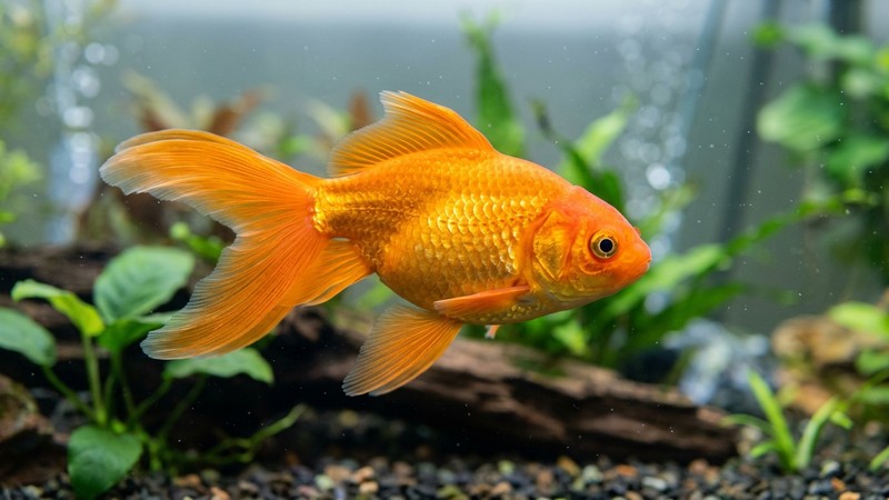 un primer plano de un goldfish naranja sano y vigoroso nadando en un acuario amplio de agua cristalina