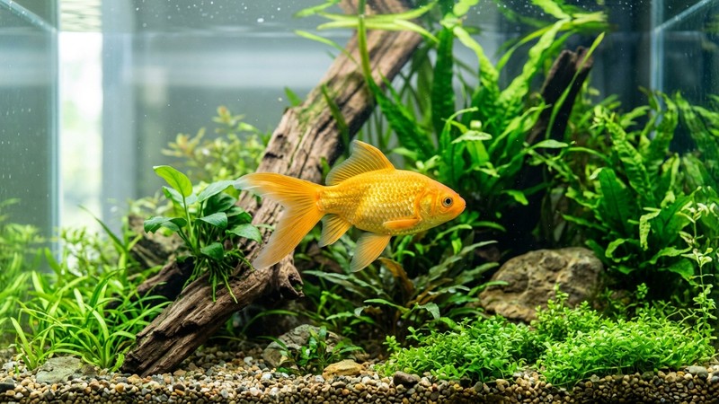 un goldfish dorado de cuerpo esbelto nadando entre plantas verdes en un acuario limpio y espacioso