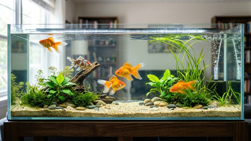 un acuario grande y alargado con varios goldfish nadando con soltura en agua muy transparente