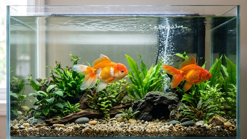 un acuario espacioso de agua fría con dos goldfish nadando y buena superficie de agua para el intercambio de aire
