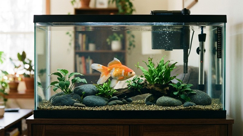 un acuario rectangular bien montado con filtro y agua cristalina, con un goldfish sano nadando tranquilo
