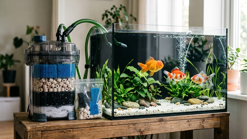 un filtro de acuario potente con esponjas y materiales filtrantes junto a un acuario de goldfish limpio