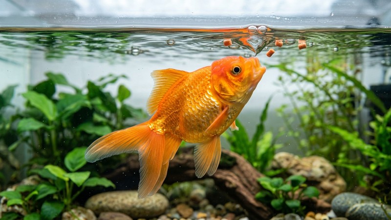 un goldfish naranja acercándose a la superficie en busca de alimento en un acuario de agua clara