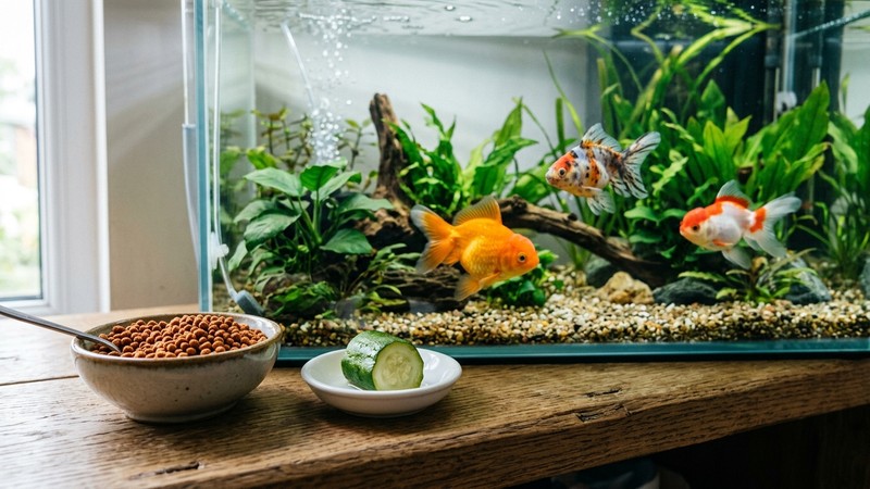 gránulos de alimento para goldfish y un trozo de verdura escaldada junto a un acuario limpio