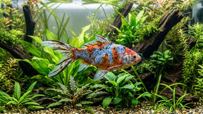 un goldfish shubunkin de moteado azulado, rojo y negro tipo calicó nadando entre plantas