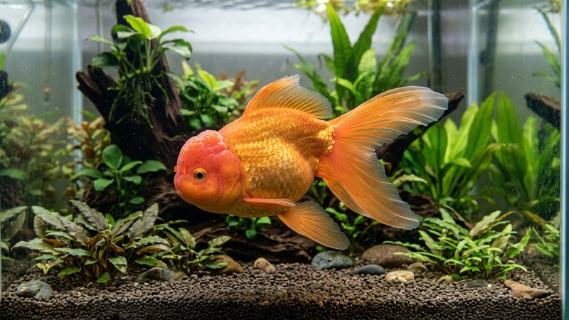 un goldfish oranda de cuerpo redondo y caperuza carnosa nadando despacio en un acuario plantado