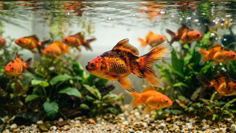 un goldfish joven de tonos naranja y negro en transición de color nadando en agua templada y clara