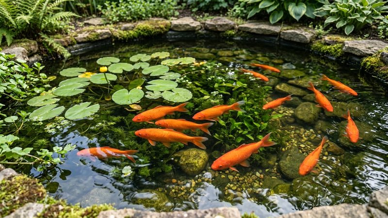 varios goldfish naranjas vistos desde arriba en un estanque de jardín limpio con plantas acuáticas